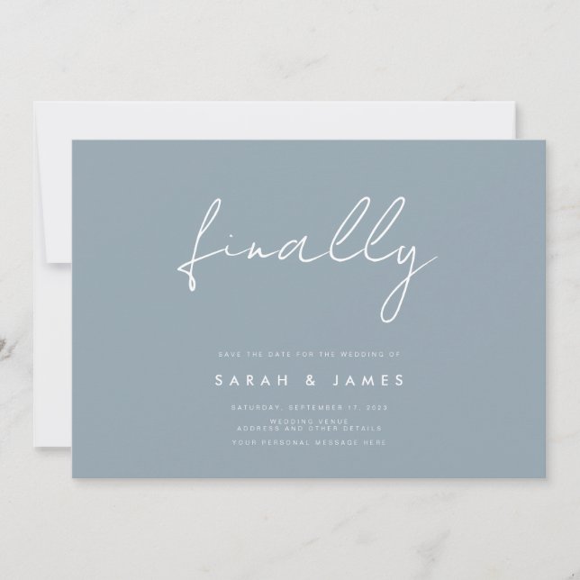 Finally Modern Minimalist Dusty Blue Save The Date (Front)