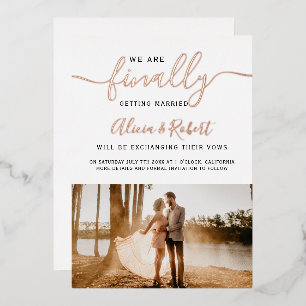 Finally save the date script photo rose gold foil invitation