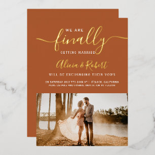 Finally save the date script terracotta photo foil invitation