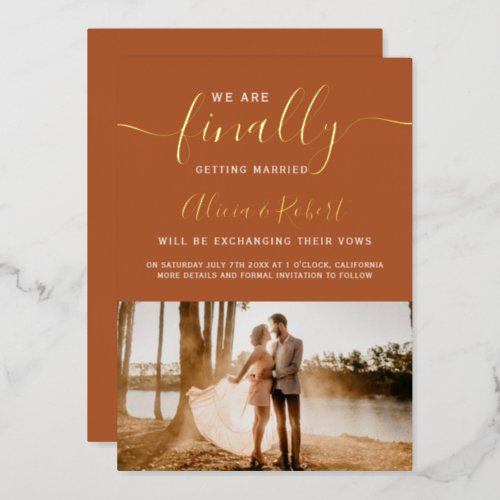 Finally save the date script terracotta photo foil invitation