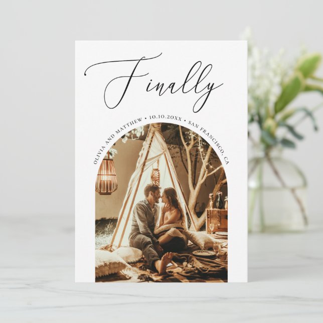 Finally Script. Modern Romantic Arch Photo Wedding Save The Date (Standing Front)