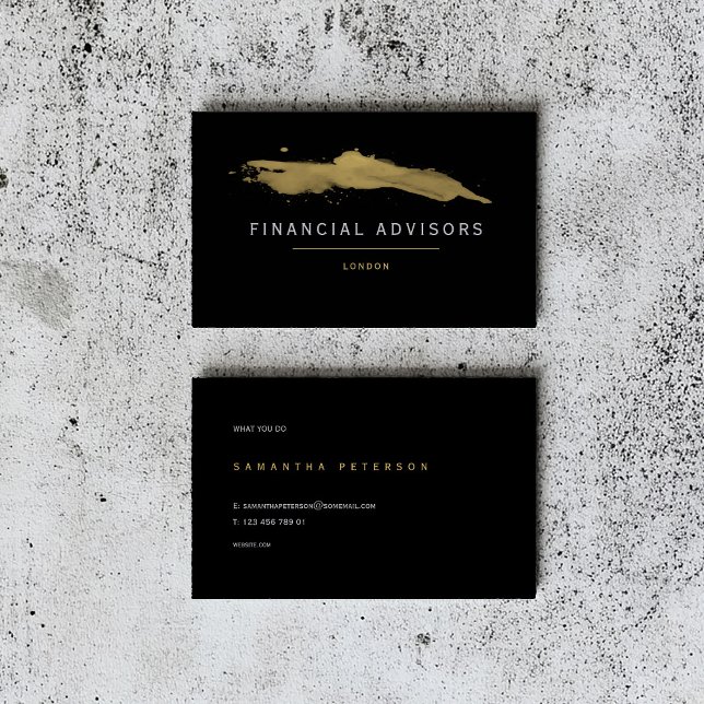 Financial advisor, gold paint splash business card (Luxury black business card design for financial advisors, featuring gold brushstroke details)