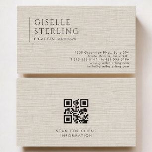 Financial Advisor Luxury Neutral Linen QR Code Business Card