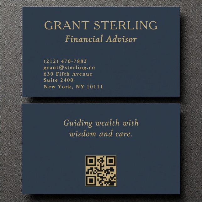 Financial Advisor Minimal Navy Blue Gold QR Code  Business Card (Creator Uploaded)