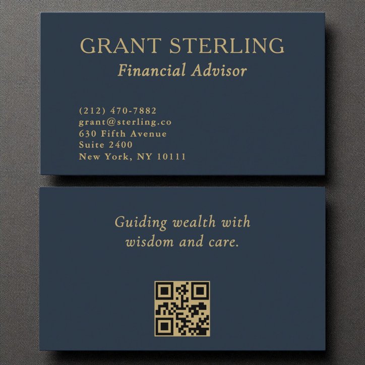 Financial Advisor Minimal Navy Blue Gold QR Code Business Card