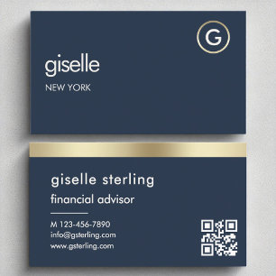 Financial Advisor Navy Blue QR Code Gold Monogram Business Card
