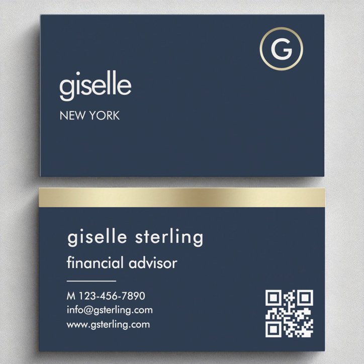 Financial Advisor Navy Blue QR Code Gold Monogram Business Card