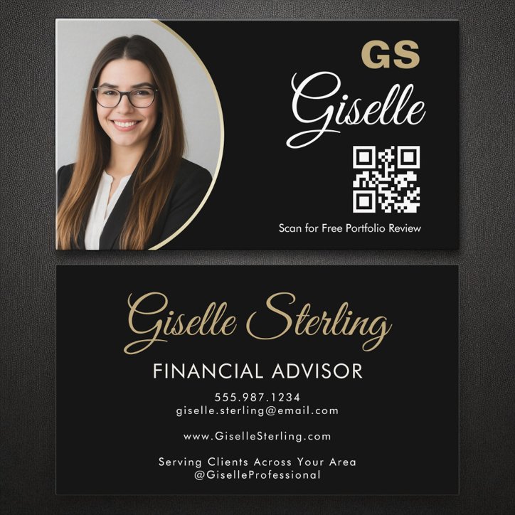 Financial Agent Black Gold Photo QR Code Business Card