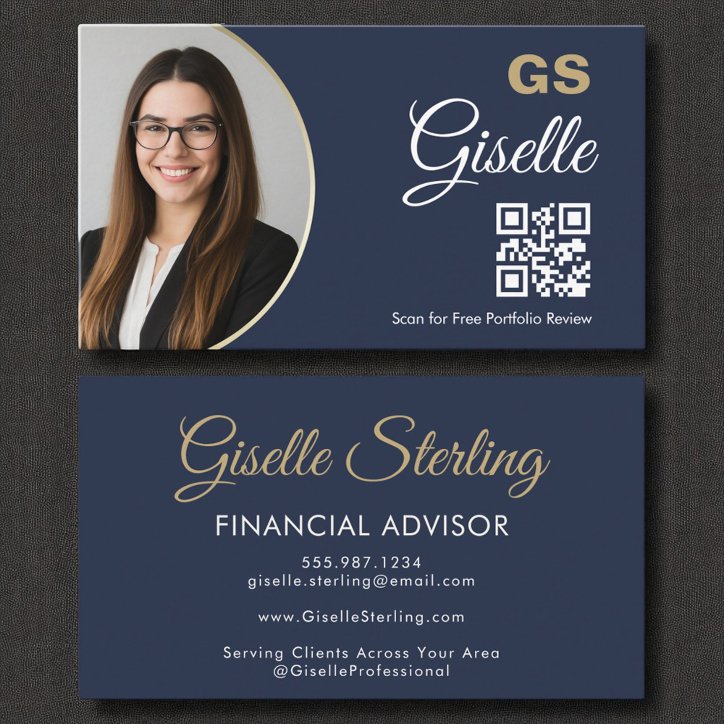 Financial Agent Navy Blue Gold Photo QR Code Business Card