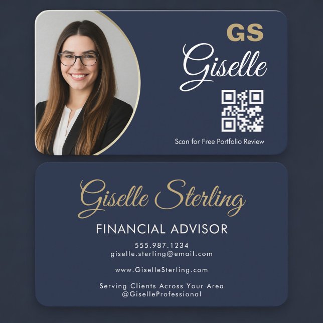 Financial Agent Photo QR Code Navy Blue Gold  Business Card (Creator Uploaded)