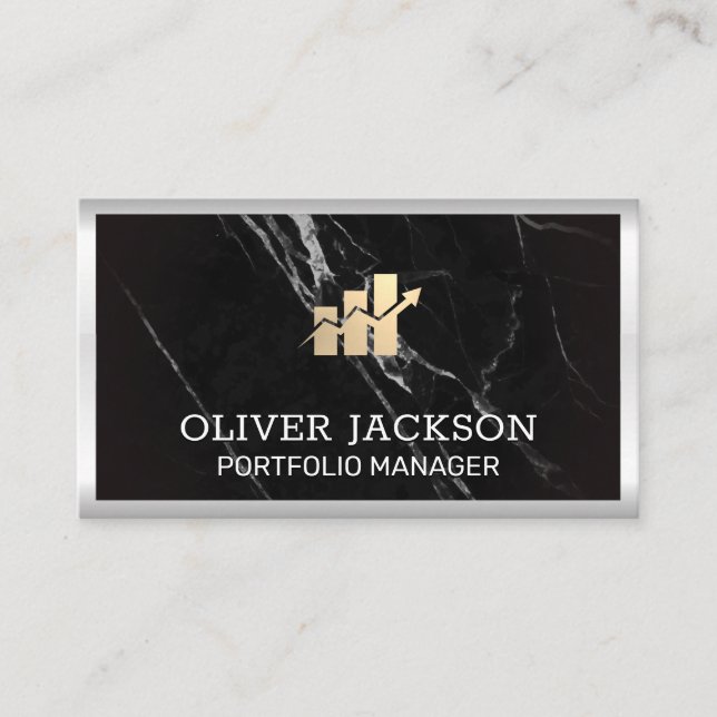 Financial Bar Chart | Marble Metal Border Business Card (Front)