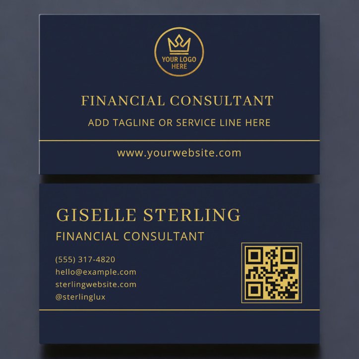 Financial Consultant Blue Gold Logo QR Code Business Card