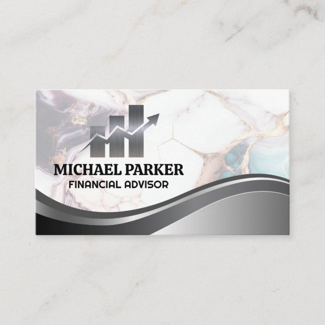 Financial Logo | Colorful Marble | Metallic Business Card (Front)