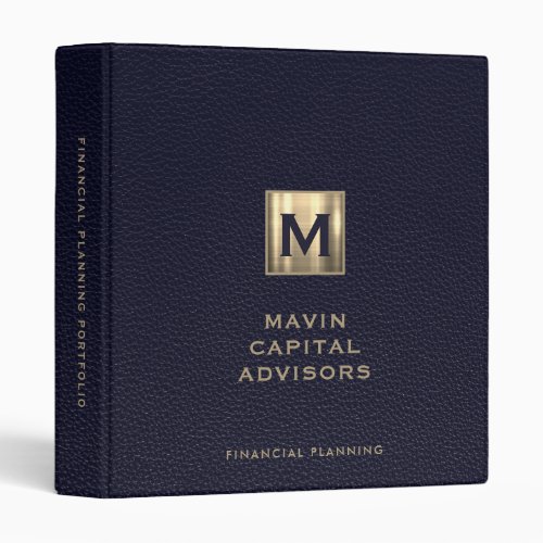 Financial Planner Blue Leather Print Gold Initial 3 Ring Binder
