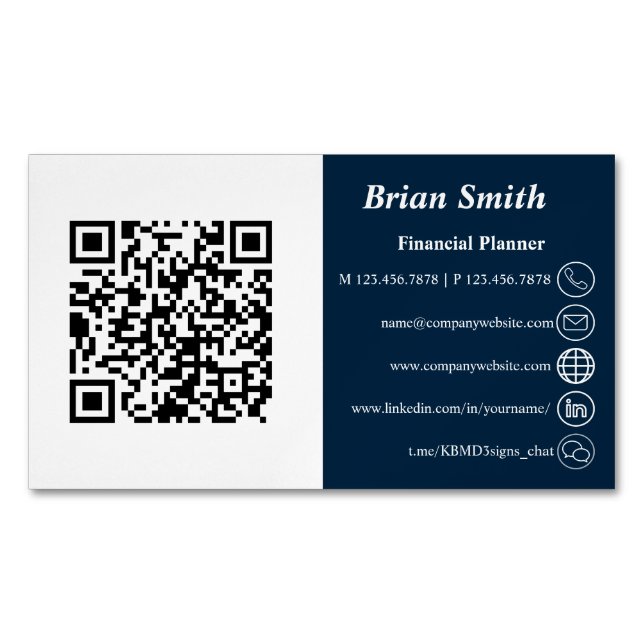 Financial Planner  QR Code Blue Business Card Magnet (Front)