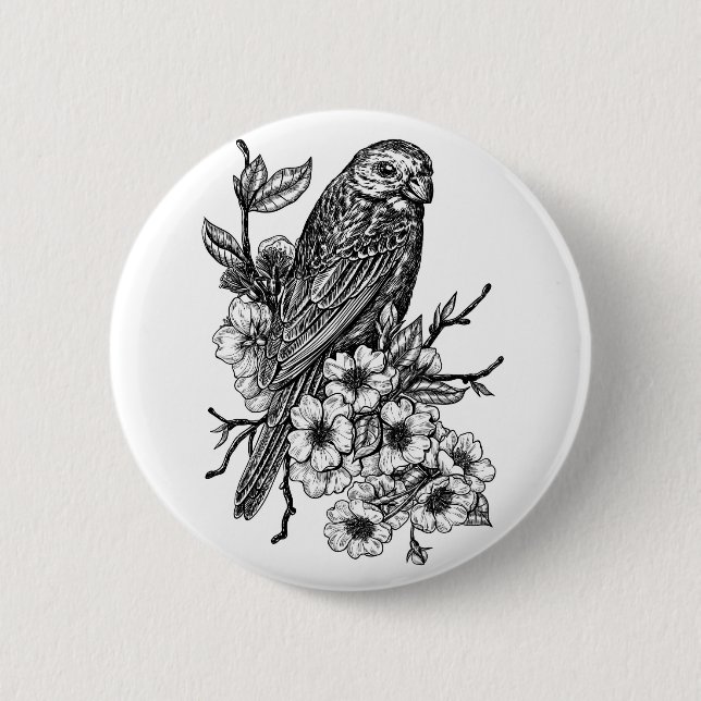 Finch on cherry branch button (Front)