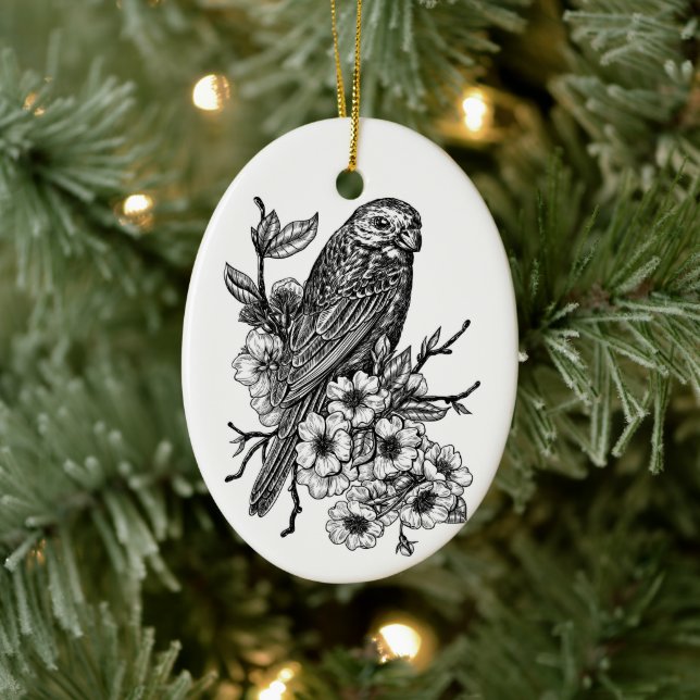 Finch on cherry branch ceramic ornament (Tree)