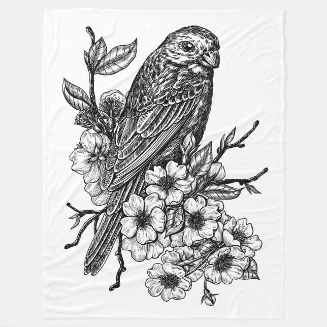 Finch on cherry branch fleece blanket (Front)