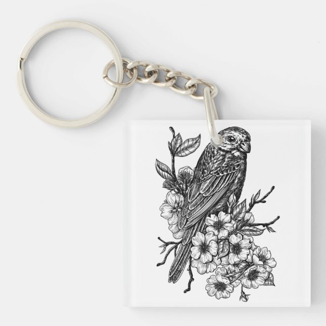 Finch on cherry branch keychain (Front)