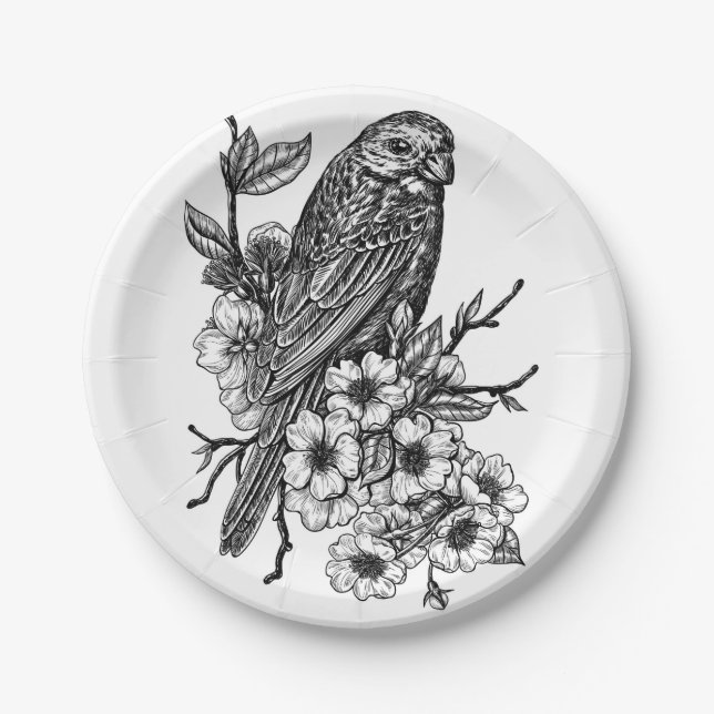 Finch on cherry branch paper plates (Front)