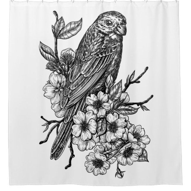 Finch on cherry branch shower curtain (Front)