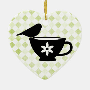 Finch on Teacup Silhouette Ceramic Ornament