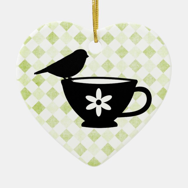Finch on Teacup Silhouette Ceramic Ornament (Front)