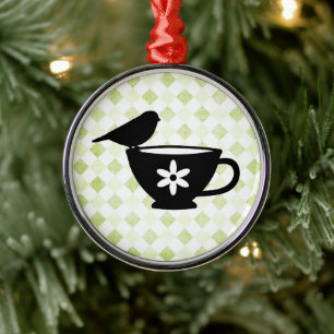 Finch on Teacup Silhouette Metal Ornament