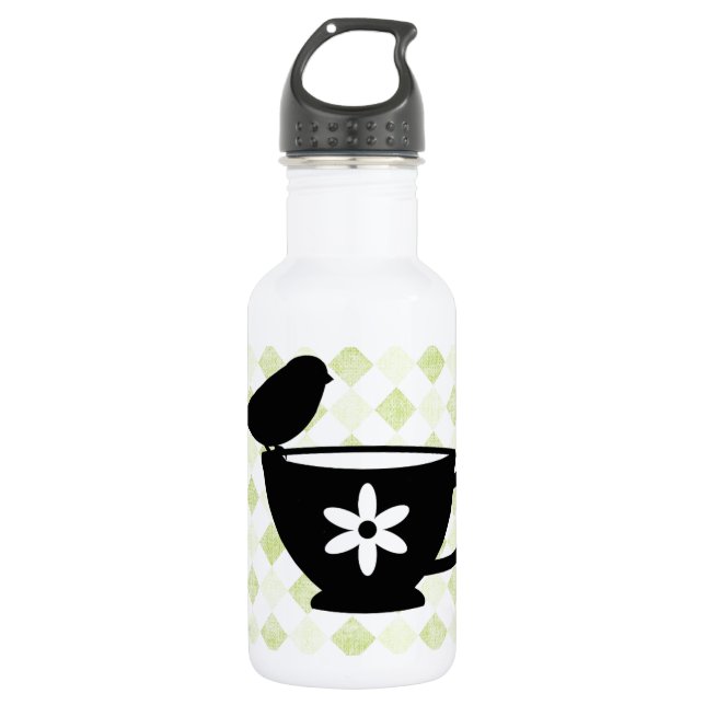 Finch on Teacup Silhouette Water Bottle (Front)