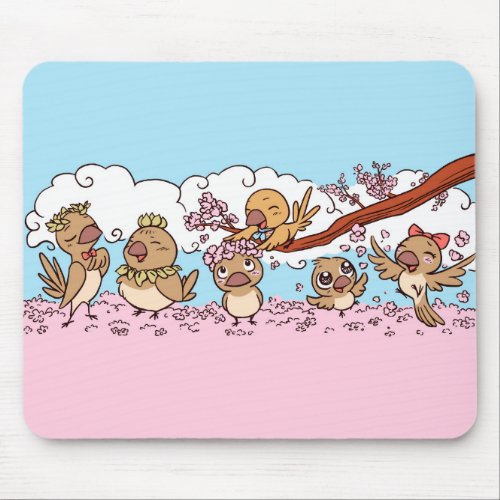 Finches birds with pink sakura flowers mouse pad