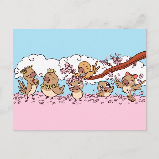 Finches birds with pink sakura flowers postcard (Front)