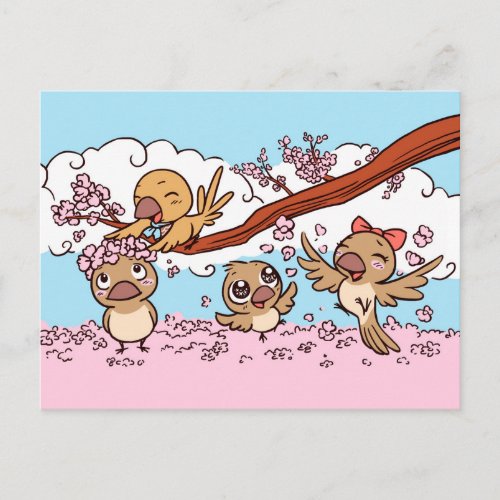 Finches birds with pink sakura flowers postcard