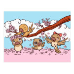 Finches birds with pink sakura flowers postcard