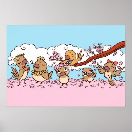 Finches birds with pink sakura flowers poster