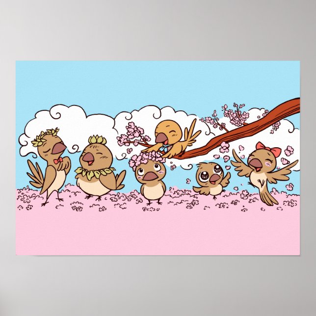 Finches birds with pink sakura flowers poster (Front)