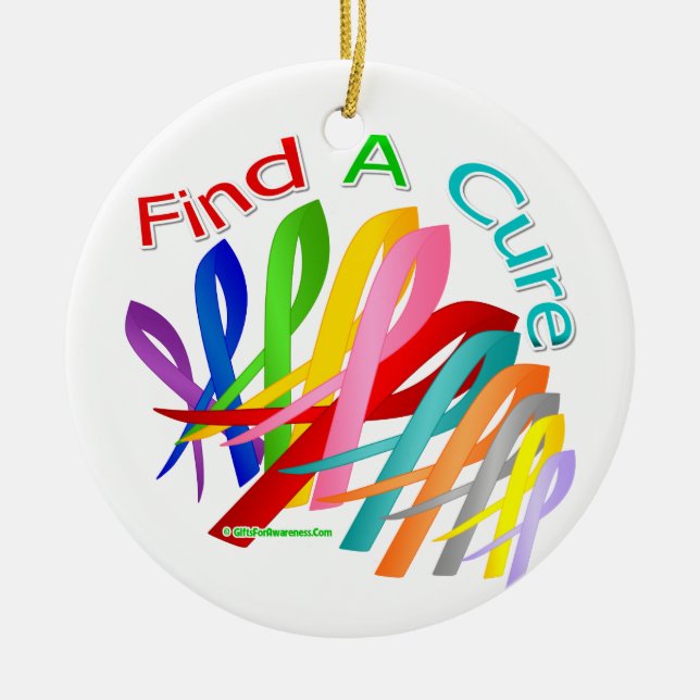 Find A Cure Colorful Cancer Ribbons Ceramic Ornament (Front)