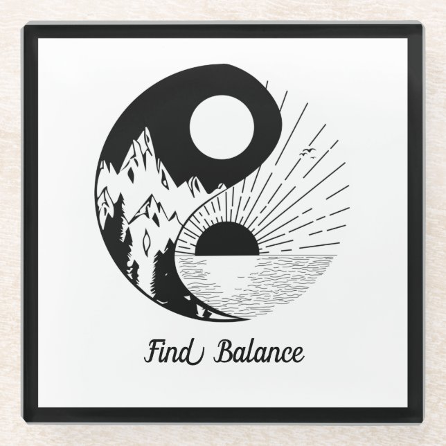 Find Balance Zen Yin Yang Black White Glass Coaster (Front)