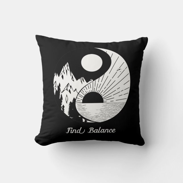 Find Balance Zen Yin Yang Black White Throw Pillow (Front)