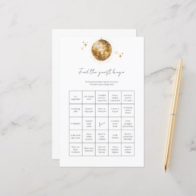 Find Guest Bingo Disco Ball Bridal Shower Game (Front/Back In Situ)