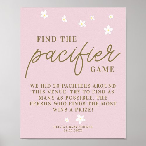 Find Pacifier Baby Shower Game Boho Daisies Pink Poster