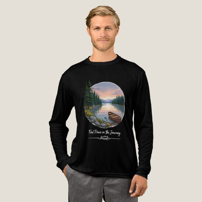 Find Peace in the Journey – Tranquil Lakeside Artw Tri-Blend Shirt (Full Front)