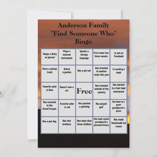  Find Someone Who Bingo | Family Reunion Sunset 
