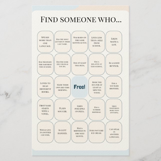 Find Someone Who Classroom Bingo Activity Stationery (Front)