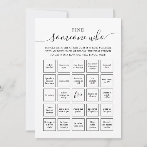 Find Someone Who Guests Bingo game Card