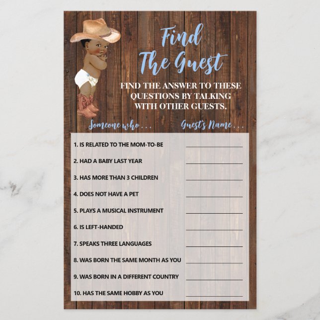 Find the Guest AA Cowboy Baby Shower Game Card Flyer (Front)