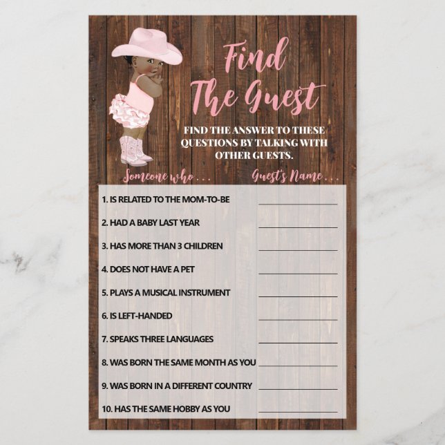 Find the Guest AA Cowgirl Baby Shower Game card Flyer (Front)
