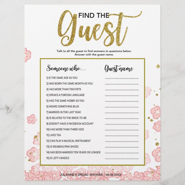 Find the Guest Affordable Bridal Shower Game Flyer (Front)