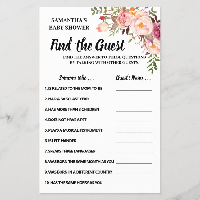 Find the guest baby shower bilingual game card flyer (Front)