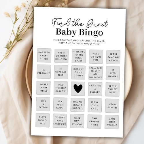 Find The Guest Baby Shower Bingo Game Card