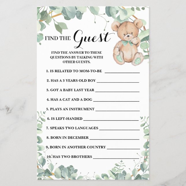 Find the Guest Bear Greenery Baby Shower Game Card Flyer (Front)